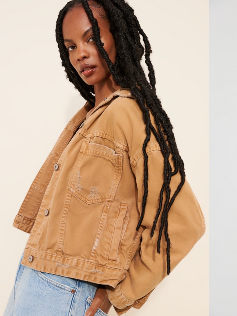 We The Free Opal swing denim oversized Jean jacket brown tan Cotton runs big XS